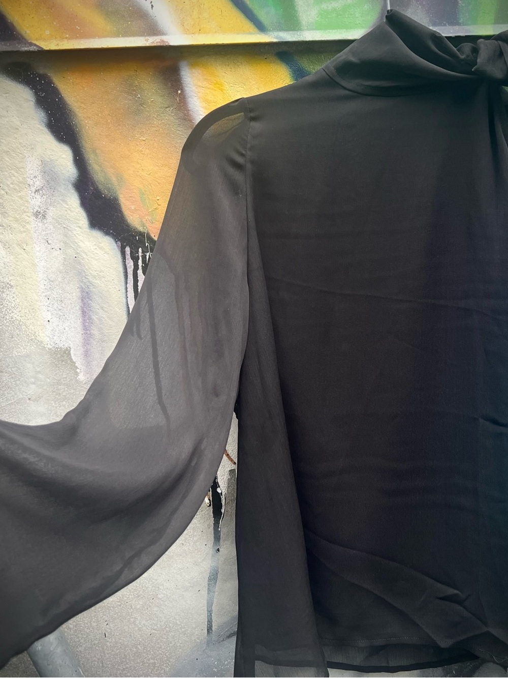 Black Sheer One Sleeve Blouse with Tie Neck size L
